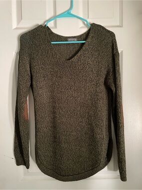 Olive Green V-Neck Women's Sweater with Elbow Patches